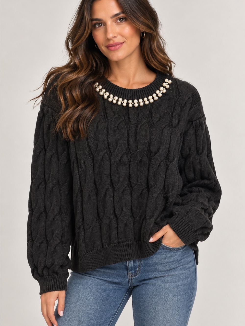 lola Black Cable-Knit Sweater with Pearl Necklace Detail